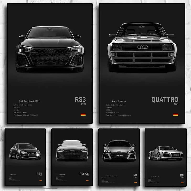 Plakat samochodowy – niemieckie auta RS3, R8, C8, Supercar GTR SUV – estetyczny wydruk na płótnie, dekoracja ścienna do pokoju kierowcy