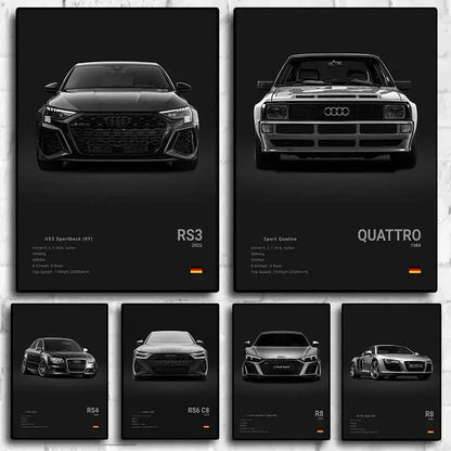 Plakat samochodowy – niemieckie auta RS3, R8, C8, Supercar GTR SUV – estetyczny wydruk na płótnie, dekoracja ścienna do pokoju kierowcy