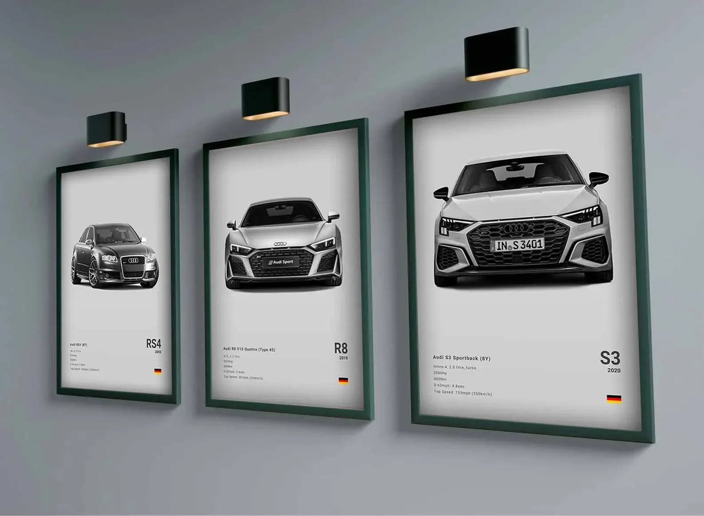 Plakat samochodowy – niemieckie auta RS3, R8, C8, Supercar GTR SUV – estetyczny wydruk na płótnie, dekoracja ścienna do pokoju kierowcy